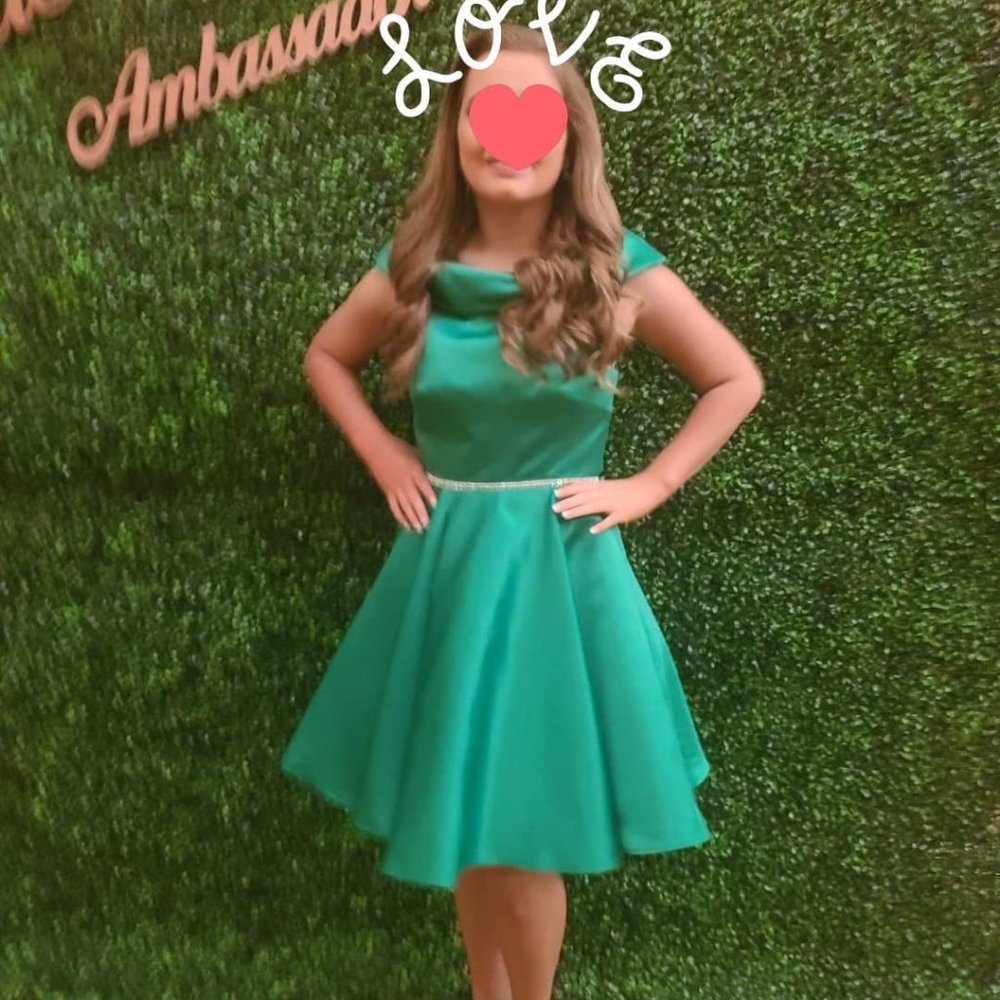 Custom slight off shoulder beautiful green Cocktail, Size 6